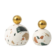 Double Ball Ornament White A, Terrazzo & Gold Stainless Steel, 8x8x10.5 cm