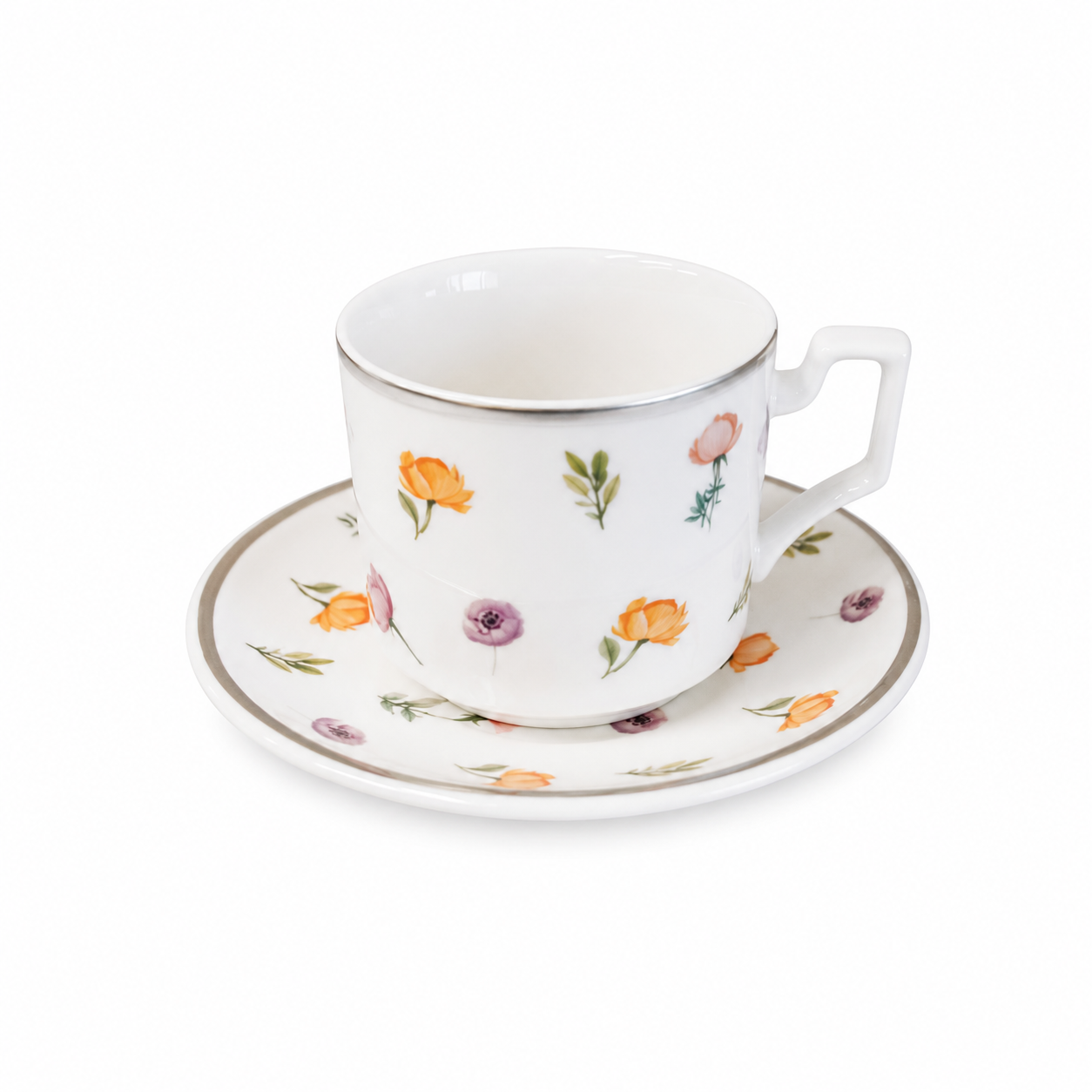 SET OF 6 COFFEE CUPS & SAUCERS WITH FLOWERS DESIGN