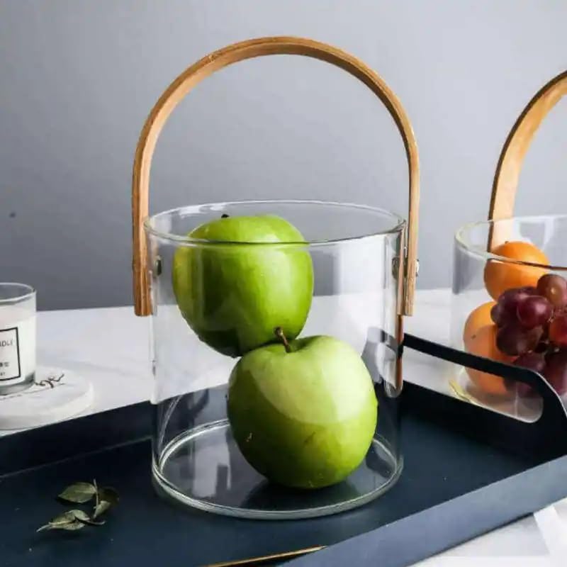 Glass Serving Bowl with Bamboo Handle, Heat-Resistant, 1.45L, Clear