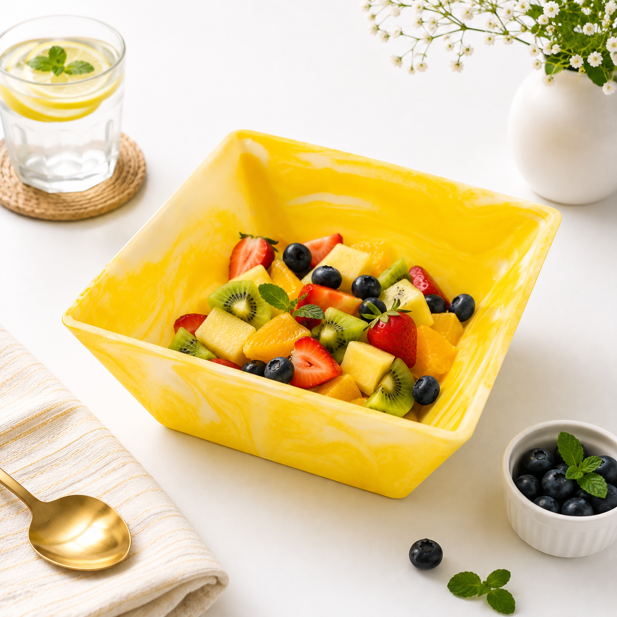 Yellow Resin Square Salad Bowl – 24 × 24 × 10 cm