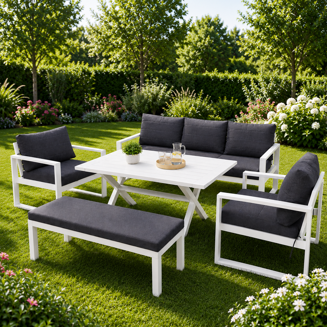 OUTDOOR ALUMINUM SET 3+1+1 WITH BENCH & TABLE