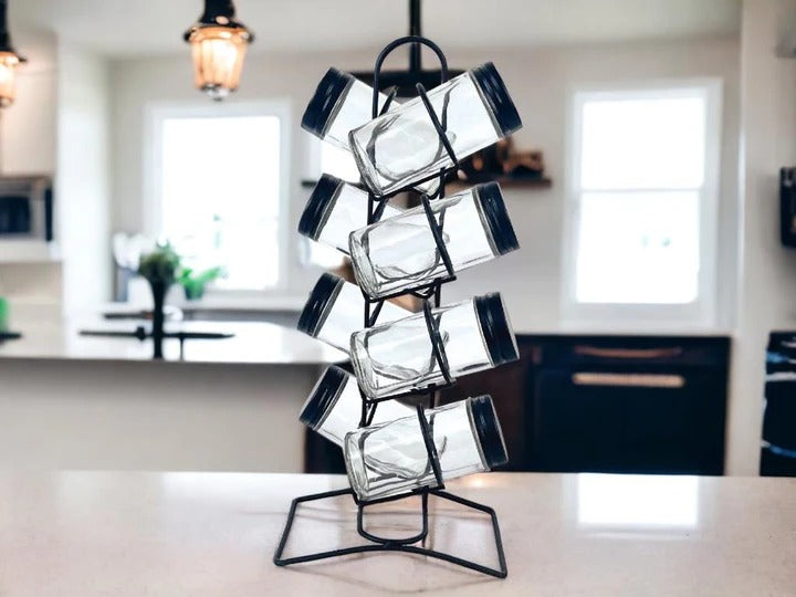 8-Piece Glass Cruets Set with Metal Black Cover and Stand