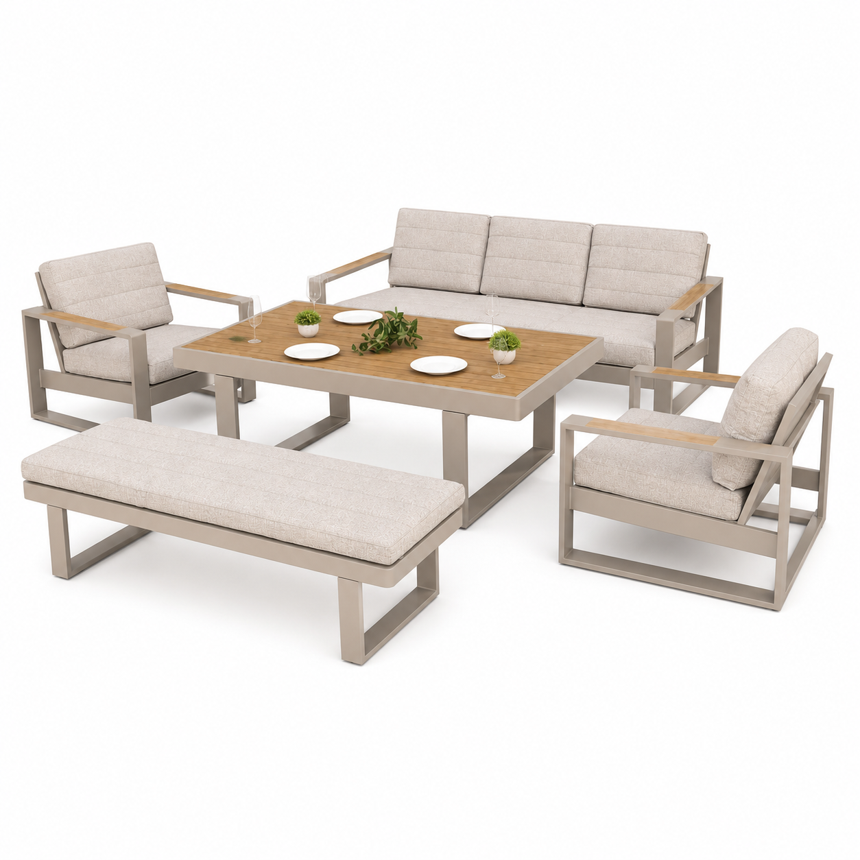 OUTDOOR ALUMINUM SET 3+1+1 WITH TABLE & BENCH