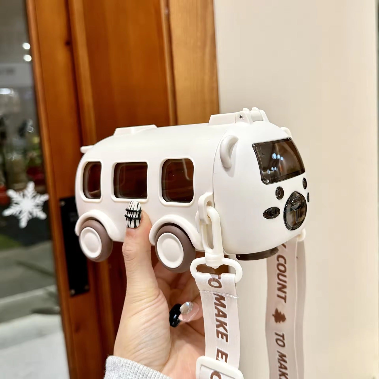 Cartoon Bus Water Bottle with Straw & Wheels