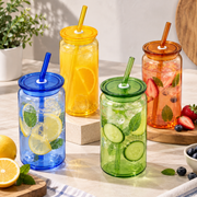 Set of 4 Glass Bottles with Lid & Straw
