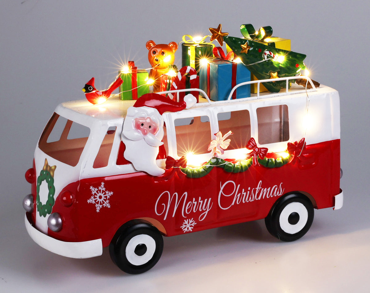 Santa in Christmas Bus - Iron Decoration with 25 LED, 31x13x21 cm