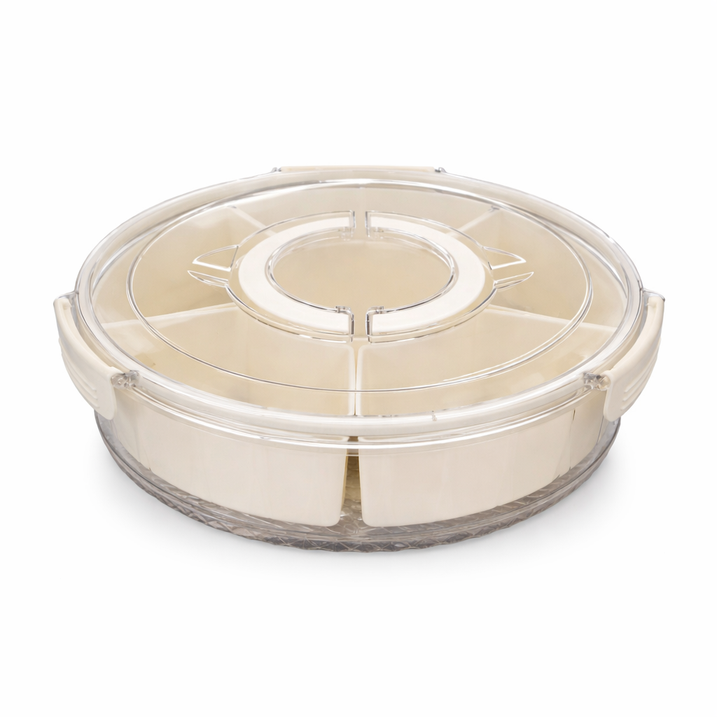Rotating Snack Box with Compartments 30 cm Diameter Transparent Lid