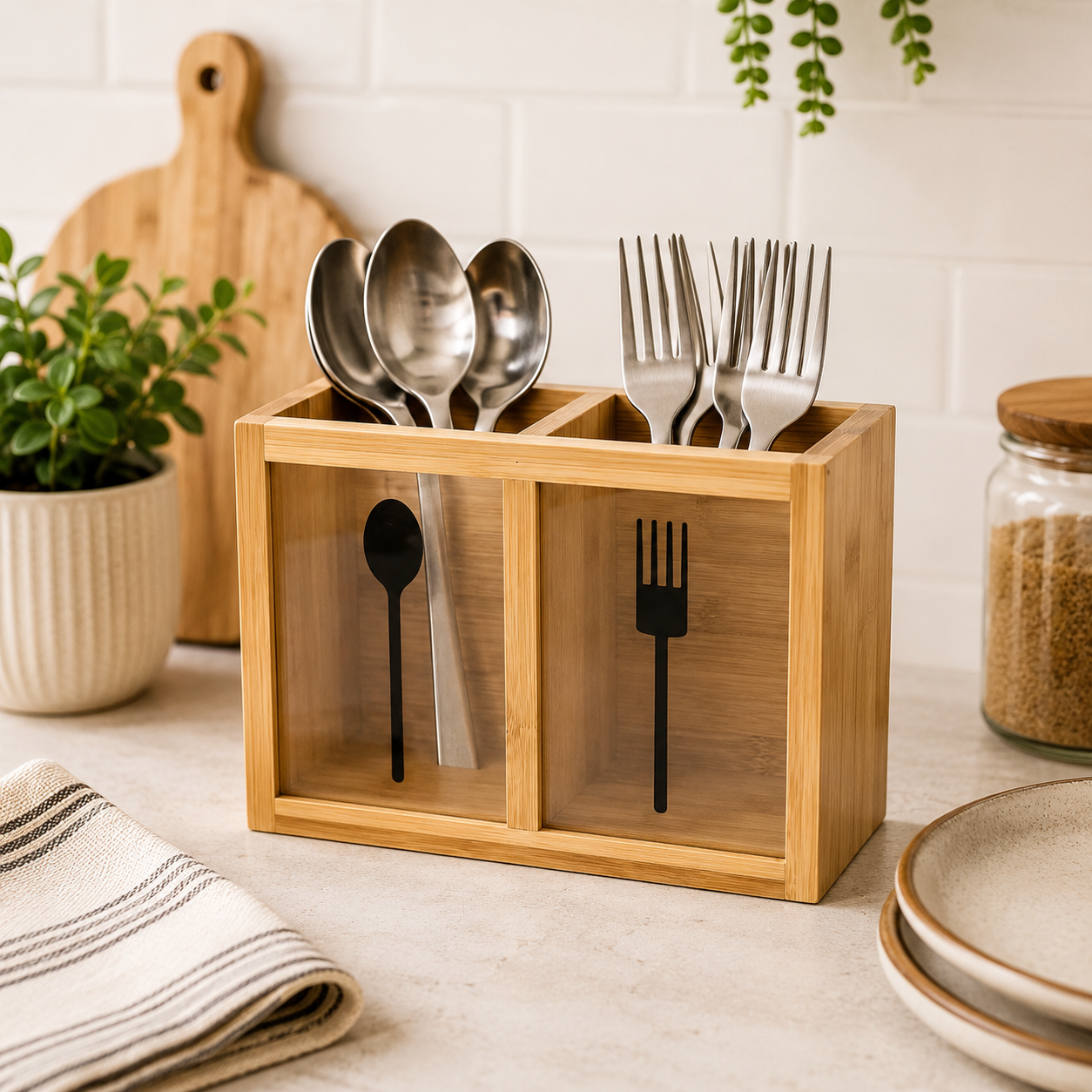 Bamboo & Acrylic Cutlery Holder – 2 Compartments