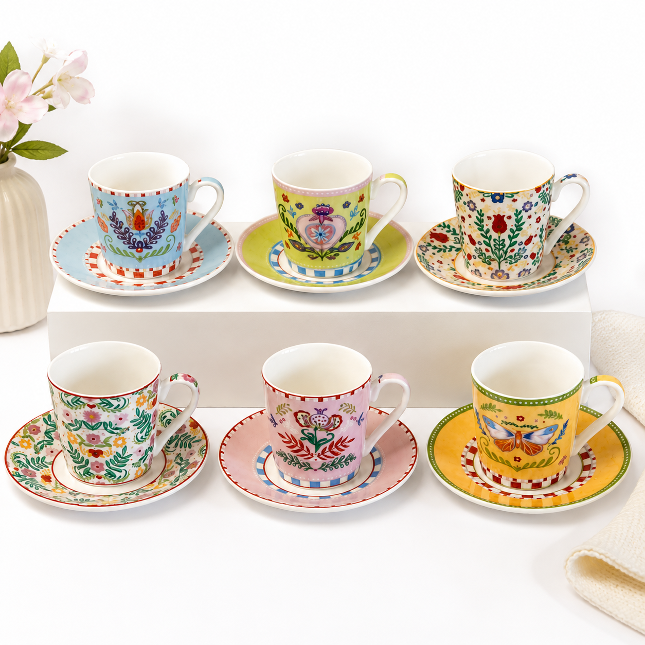 Set of 6 Coffee Cups & Saucers “Spring Folk” – 100 ml