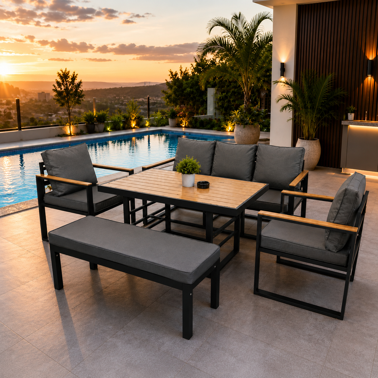 Outdoor Steel Lounge Set 3+1+1 with Table & Bench – Pollywood Finish