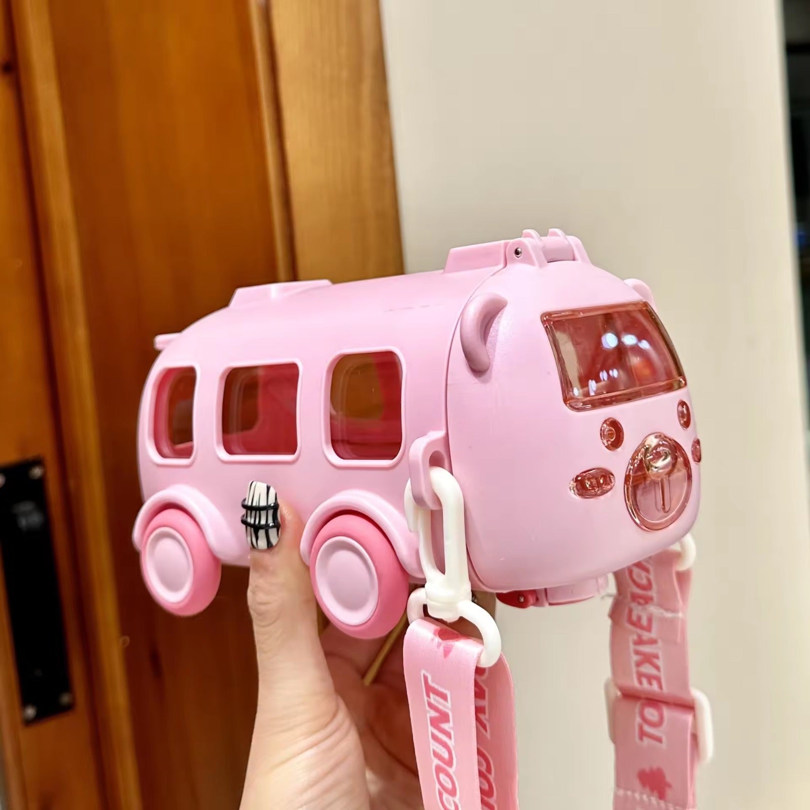Cartoon Bus Water Bottle with Straw & Wheels