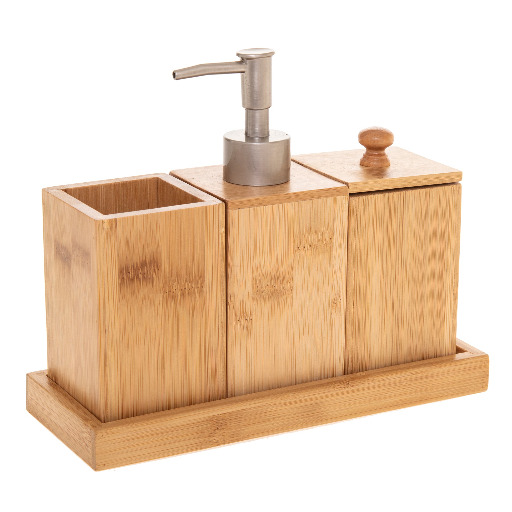 Bathroom Accessories X3 Bamboo With Tray & Dispenser