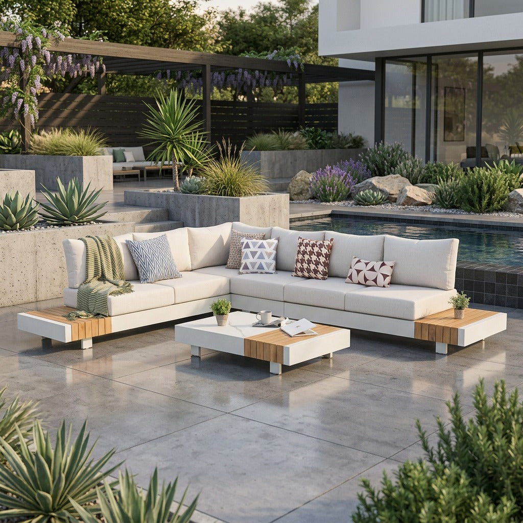 Modern Outdoor Corner Sofa Set Aluminum Frame Teak Accents 332 x 265 cm