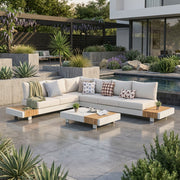 Modern Outdoor Corner Sofa Set Aluminum Frame Teak Accents 332 x 265 cm