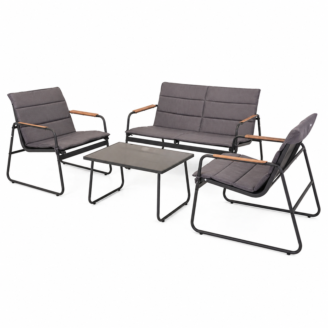 Steel Lounge Set with Teak & Glass Table