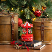 Musical Carousel with Santa Claus and Snowman - Red Holiday Ornament