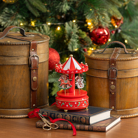 Musical Carousel with Santa Claus and Snowman - Red Holiday Ornament