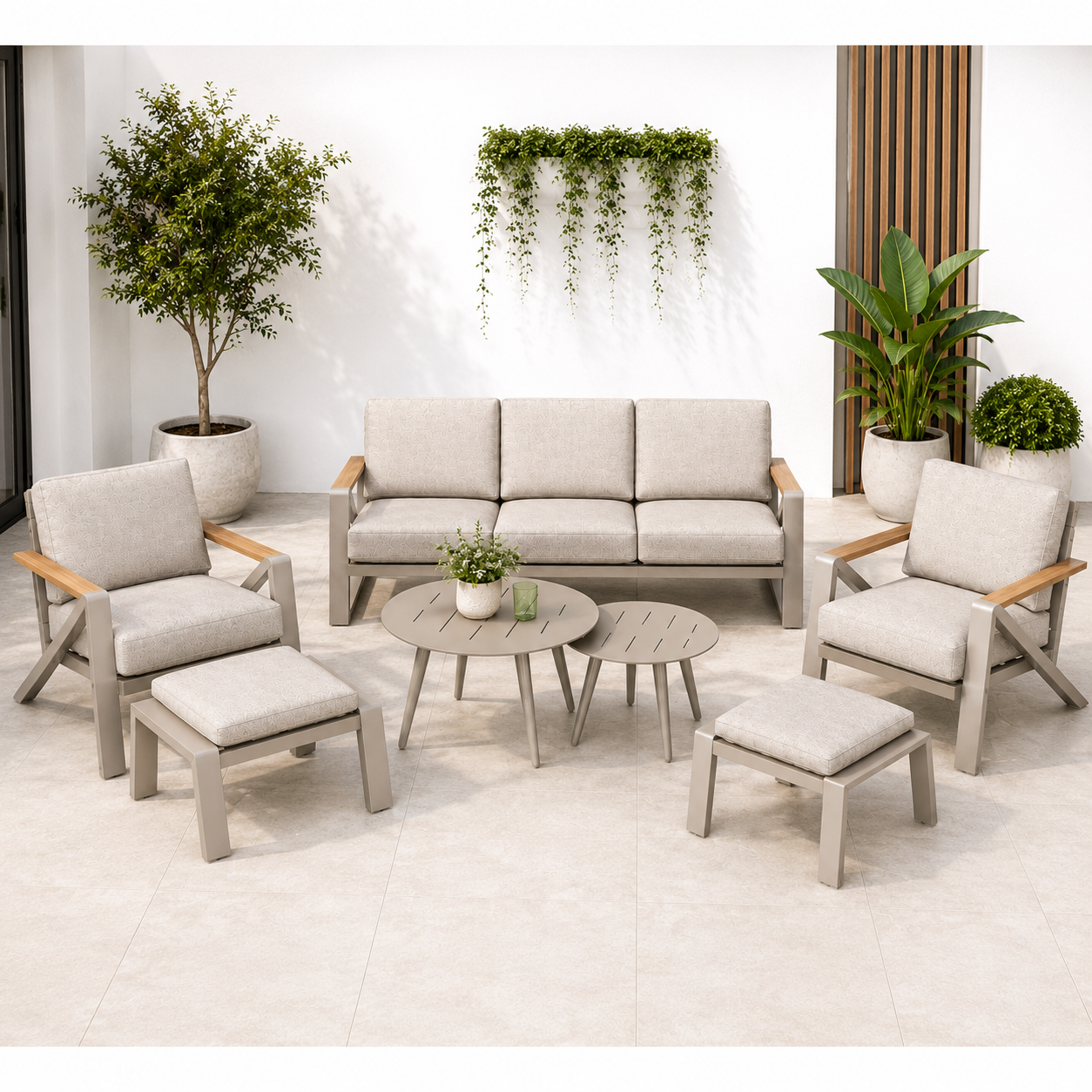 OUTDOOR ALUMINUM SET 3+1+1 WITH FOOTRESTS & TABLES