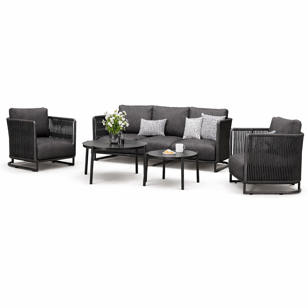 Stylish Terrace Lounge Set 3+1+1 with Glass Top Tables