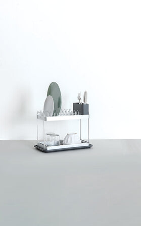 2-tier dish rack aluminum gray — Aluminum drainer with cutlery pot