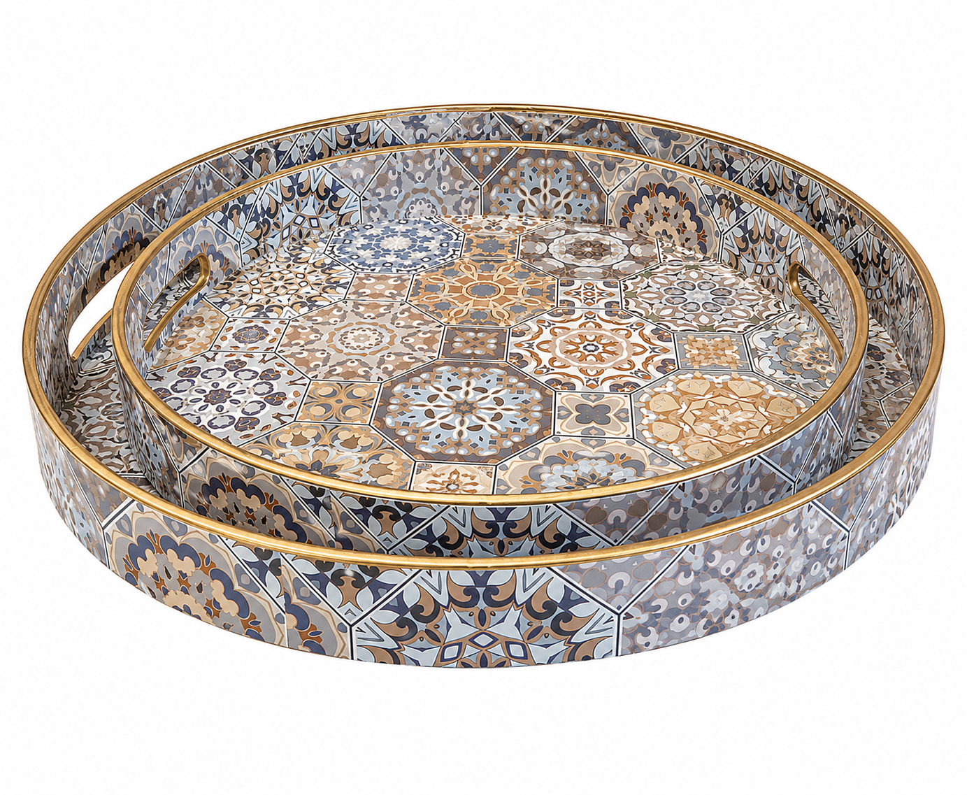 Set of 2 Plastic Round Trays – Blue Patterned Design (32 cm & 37 cm)
