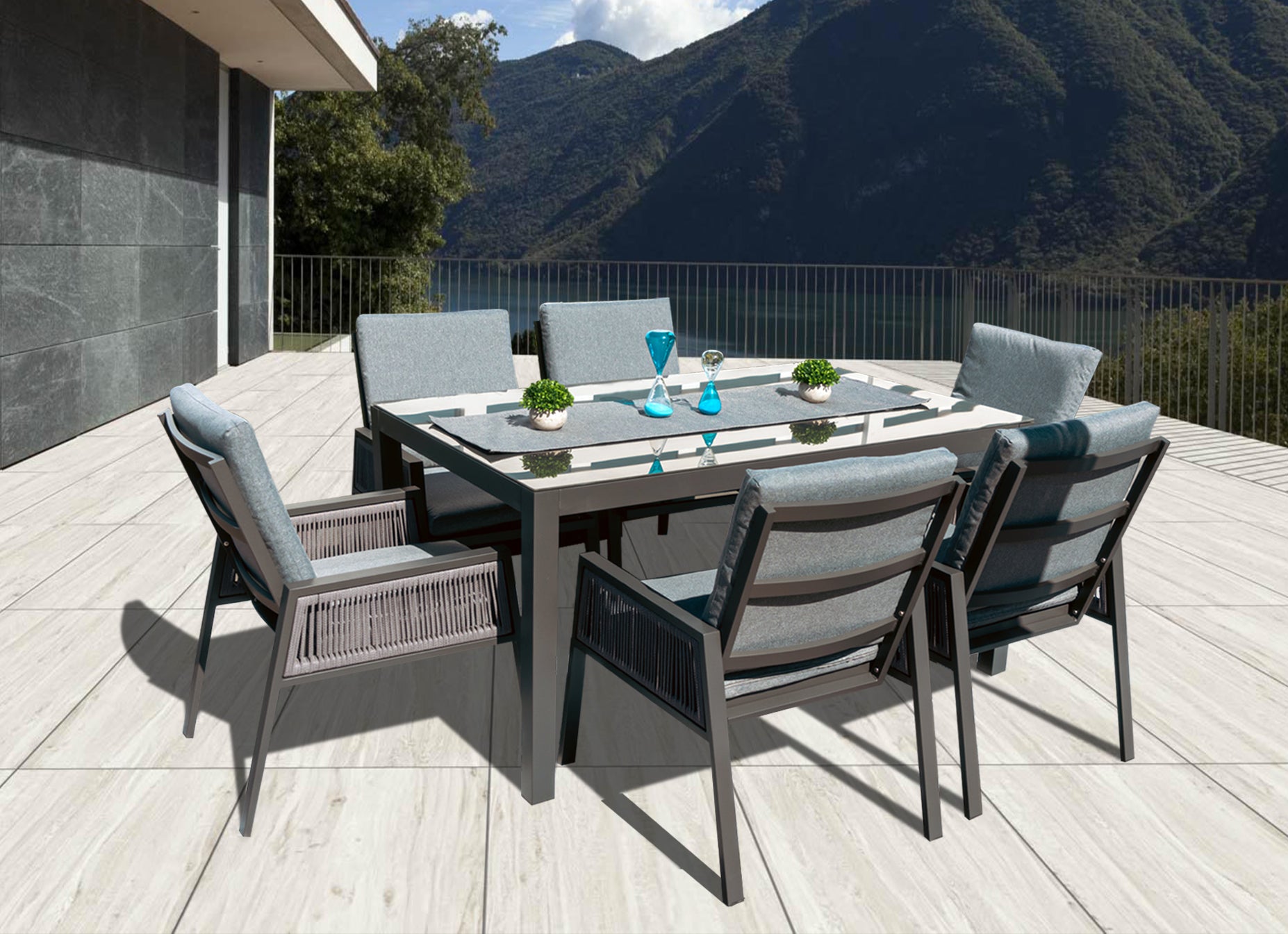 Porto Dining Set, Aluminum, Glass Top, 6 Chairs