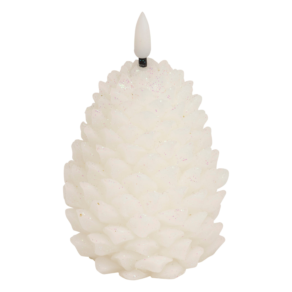 LED Pinecone Candle 13 cm High, White - Paraffin Glitter Finish