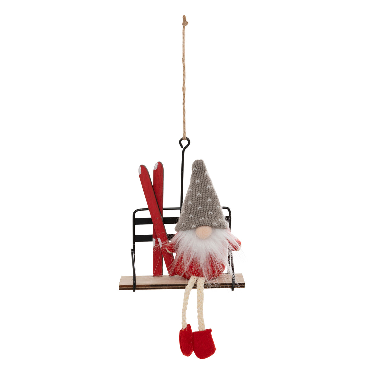 Textile Gnome on Ski Lift, 17 cm Tall, Red