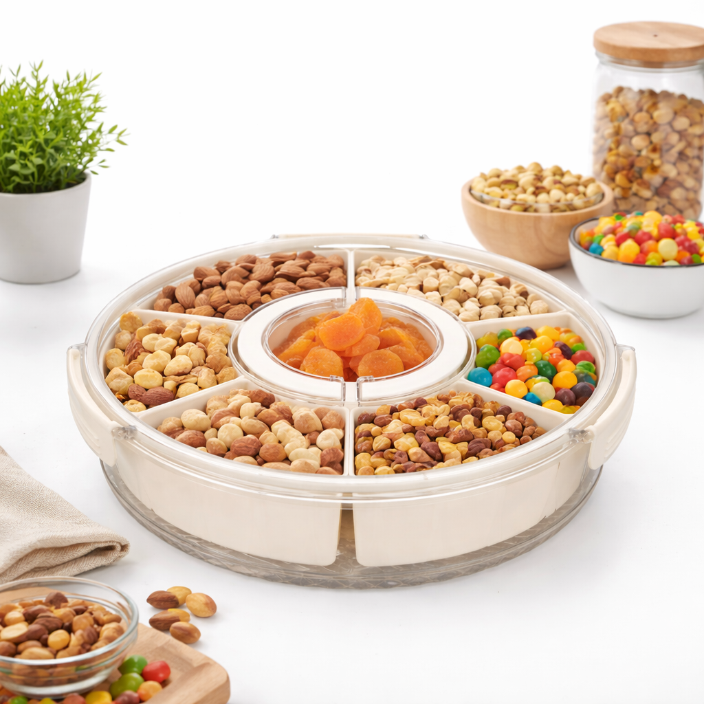 Rotating Snack Box with Compartments 30 cm Diameter Transparent Lid