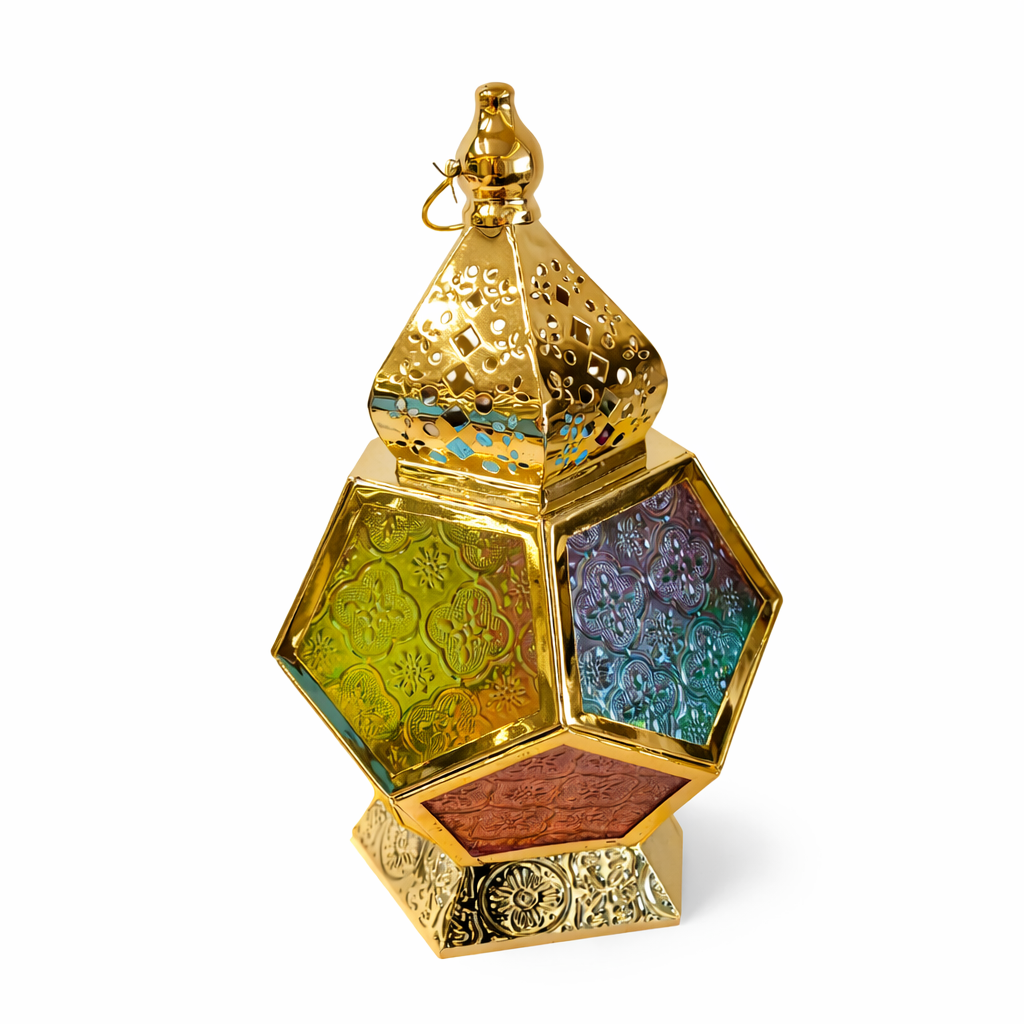 Decorative Gold Lantern with Multicolor Textured Glass