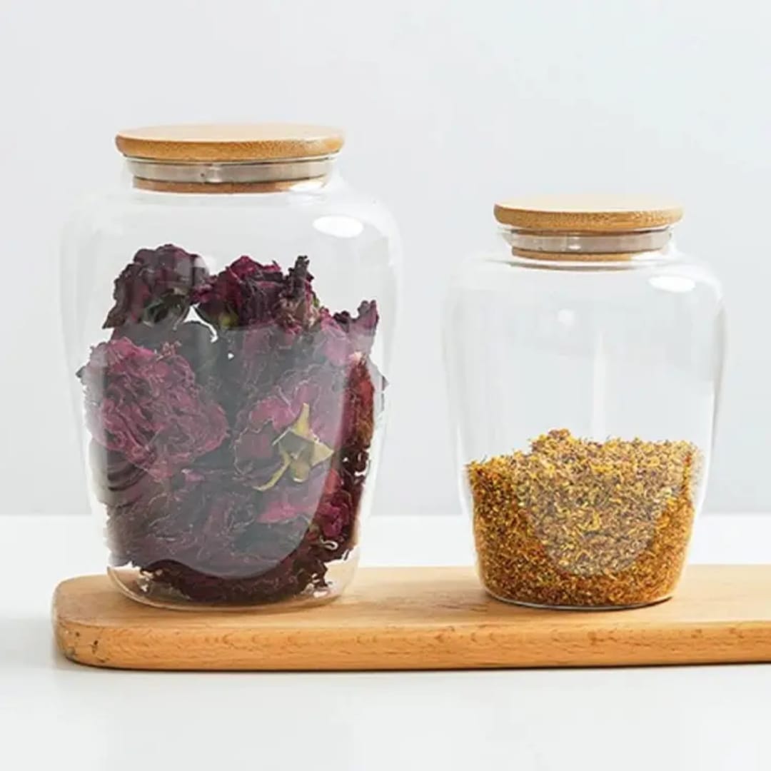 Glass Jar With Wooden Cover, Airtight Kitchen Storage Container