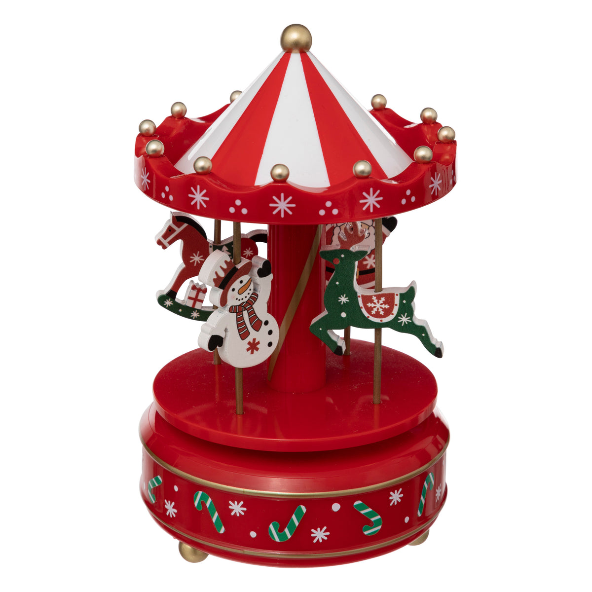 Musical Carousel with Santa Claus and Snowman - Red Holiday Ornament