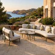 Curved Outdoor Lounge Set 3+3+2+2 with Ceramic Tables, Green, Pink