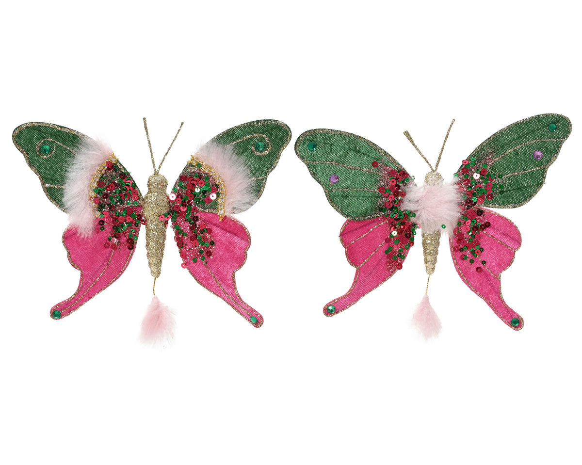Butterfly Polyester Velvet Glitter With Strass Stones on Clip, Green